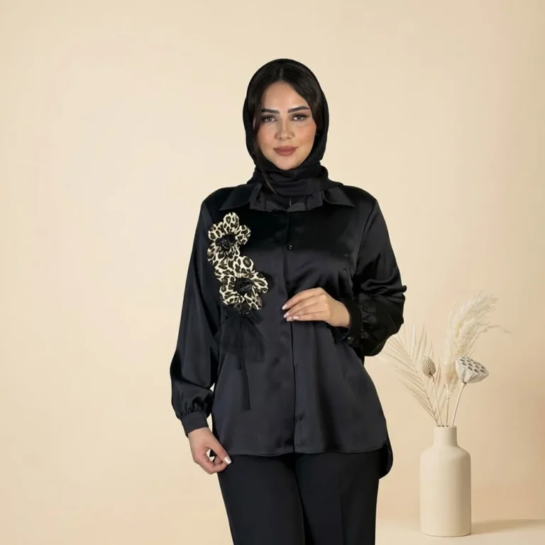 شومیز زنانه مشکی ساتن گل پلنگی