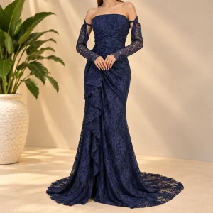 پیراهن مجلسی زنانه ماکسی گیپور دکلته آستین توری مدل آبشاری